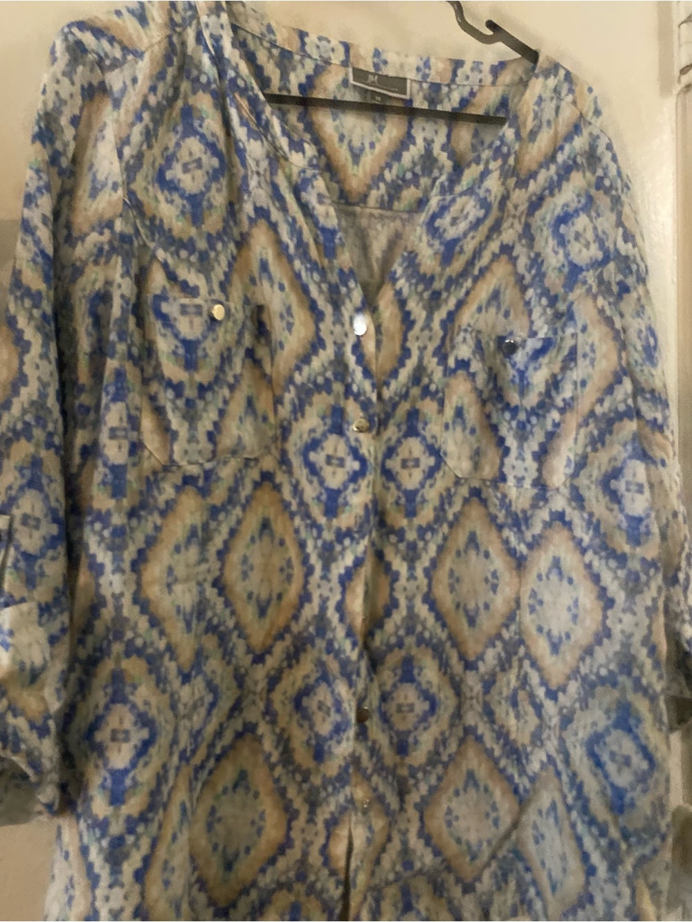 JM Collection Blue & Cream Ikat V-Neck Button Tunic